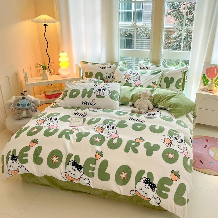 91家纺网 家纺一手货源 找家纺 佳汐蓝家纺 2025新款190克高克重牛奶绒印花四件套 莉菲兔