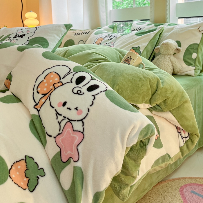 91家纺网 家纺一手货源 找家纺 佳汐蓝家纺 2025新款190克高克重牛奶绒印花四件套 莉菲兔