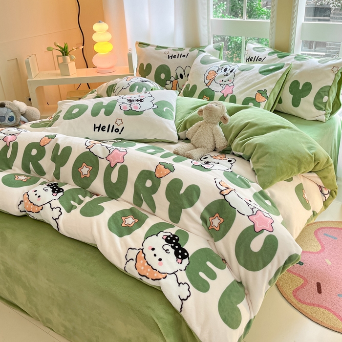 91家纺网 家纺一手货源 找家纺 佳汐蓝家纺 2025新款190克高克重牛奶绒印花四件套 莉菲兔