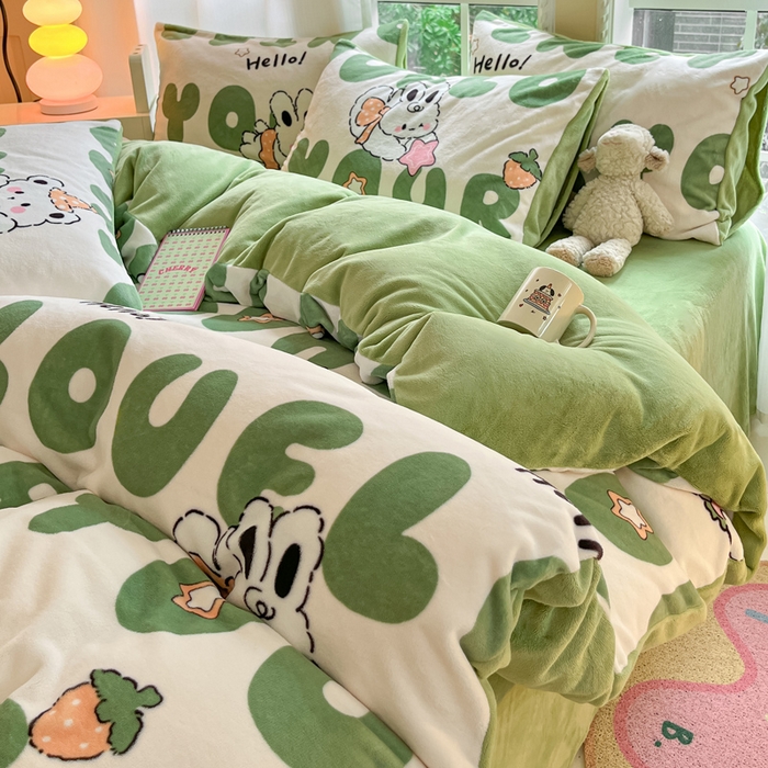 91家纺网 家纺一手货源 找家纺 佳汐蓝家纺 2025新款190克高克重牛奶绒印花四件套 莉菲兔