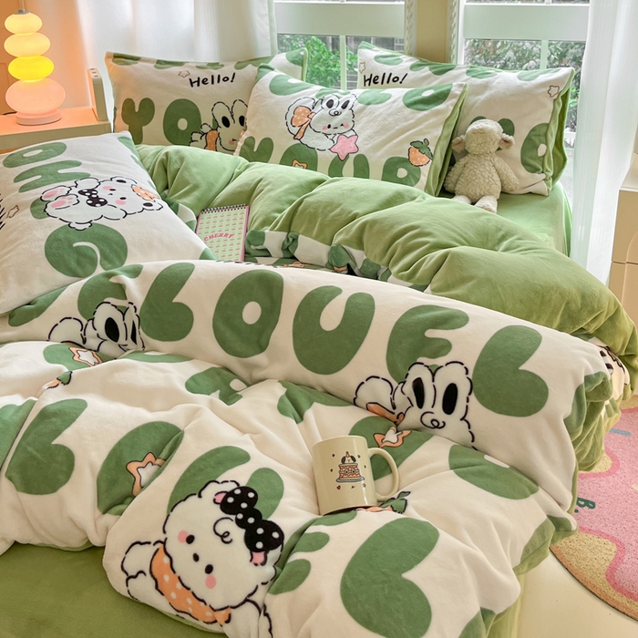 91家纺网 家纺一手货源 找家纺 佳汐蓝家纺 2025新款190克高克重牛奶绒印花四件套 莉菲兔