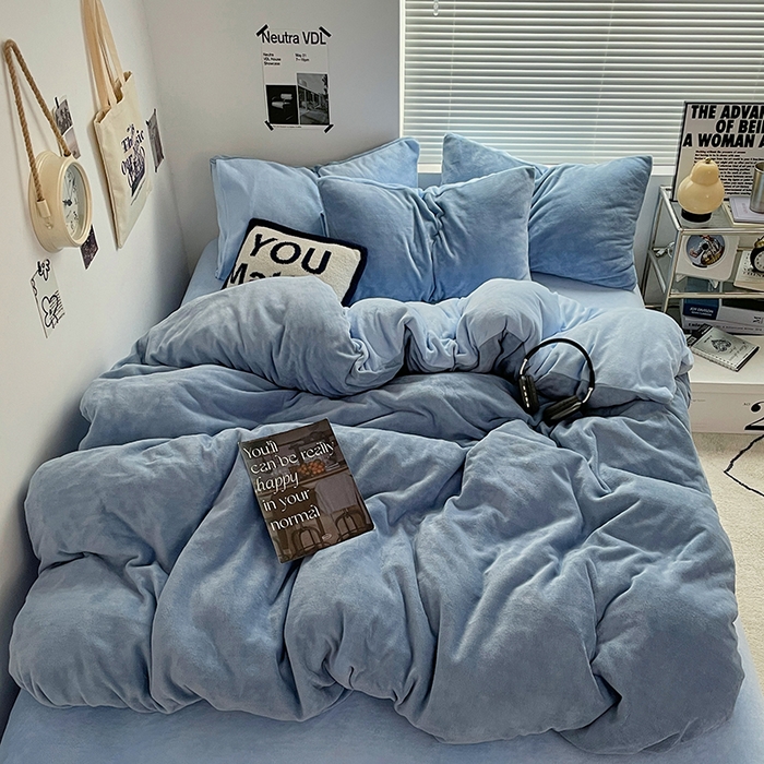 优卡迪家纺馆 2025新款牛奶绒纯色双拼四件套系列 海蓝天蓝