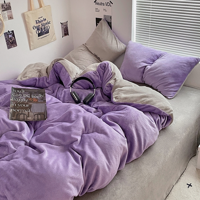 91家纺网 家纺一手货源 找家纺 优卡迪家纺馆 2025新款牛奶绒纯色双拼四件套系列 魅紫银灰