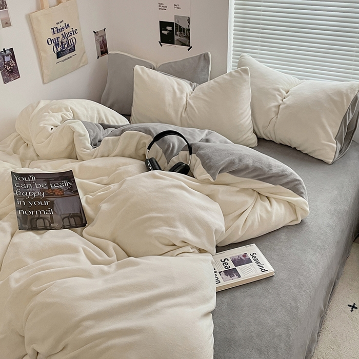 91家纺网 家纺一手货源 找家纺 优卡迪家纺馆 2025新款牛奶绒纯色双拼四件套系列 奶白银灰