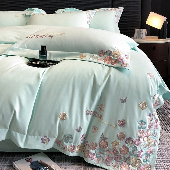 91家纺网 家纺一手货源 找家纺 丞音家纺 【特价新品】A类100支超柔超细旦长绒棉磨毛保暖绣花四件套纯棉加厚刺绣全棉床单被套-花瑾系列 花瑾-心冰绿