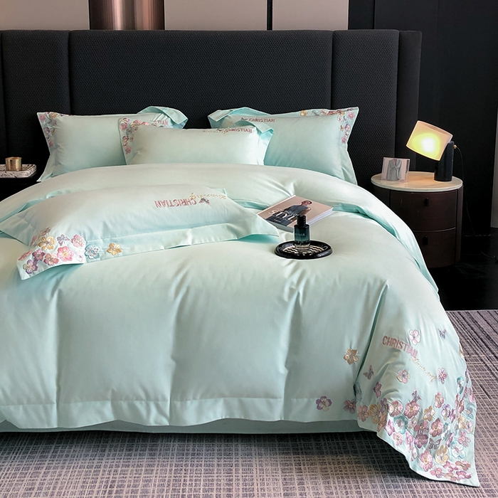 91家纺网 家纺一手货源 找家纺 丞音家纺 【特价新品】A类100支超柔超细旦长绒棉磨毛保暖绣花四件套纯棉加厚刺绣全棉床单被套-花瑾系列 花瑾-心冰绿