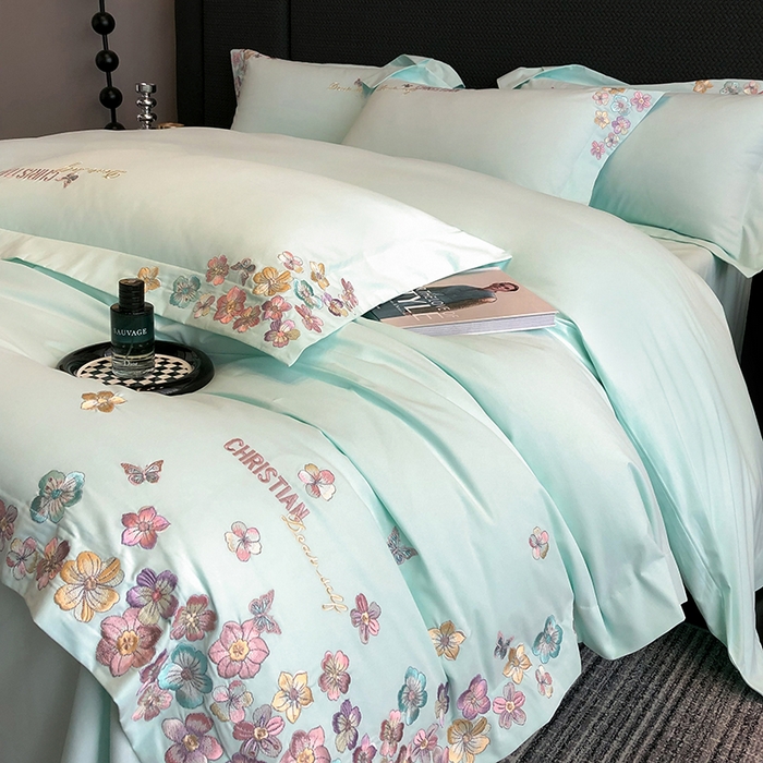 91家纺网 家纺一手货源 找家纺 丞音家纺 【特价新品】A类100支超柔超细旦长绒棉磨毛保暖绣花四件套纯棉加厚刺绣全棉床单被套-花瑾系列 花瑾-心冰绿