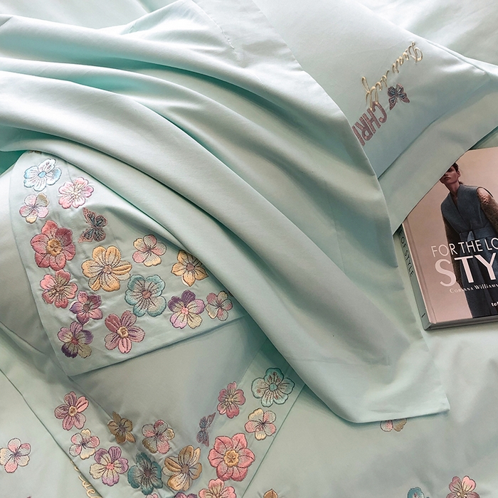 91家纺网 家纺一手货源 找家纺 丞音家纺 【特价新品】A类100支超柔超细旦长绒棉磨毛保暖绣花四件套纯棉加厚刺绣全棉床单被套-花瑾系列 花瑾-心冰绿