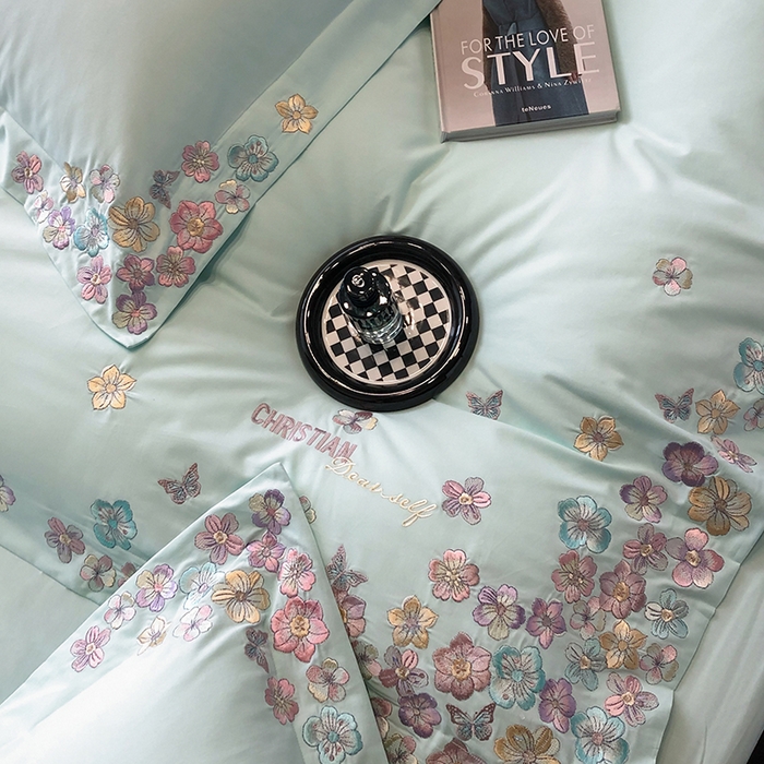 91家纺网 家纺一手货源 找家纺 丞音家纺 【特价新品】A类100支超柔超细旦长绒棉磨毛保暖绣花四件套纯棉加厚刺绣全棉床单被套-花瑾系列 花瑾-心冰绿