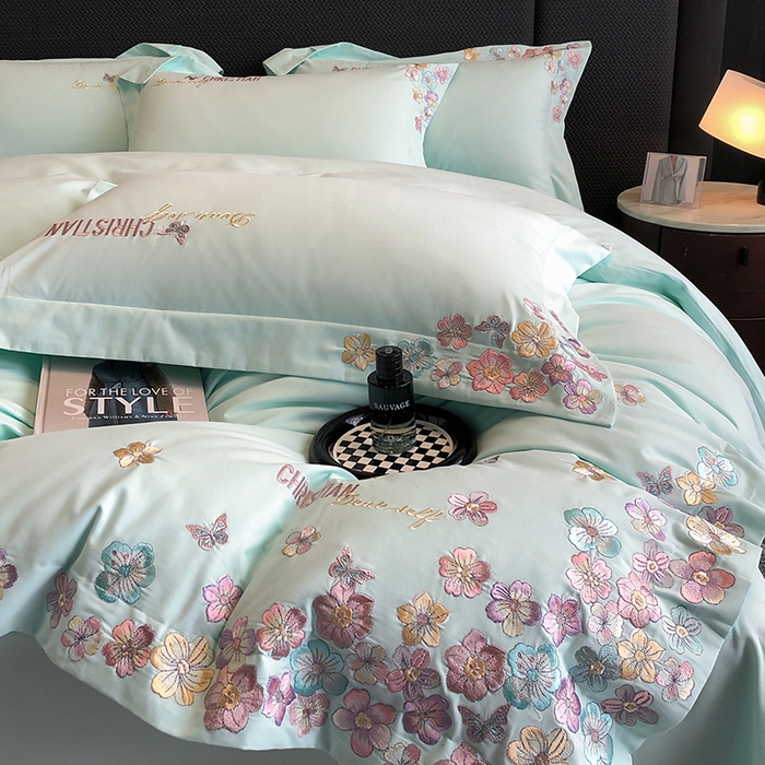 91家纺网 家纺一手货源 找家纺 丞音家纺 【特价新品】A类100支超柔超细旦长绒棉磨毛保暖绣花四件套纯棉加厚刺绣全棉床单被套-花瑾系列 花瑾-心冰绿