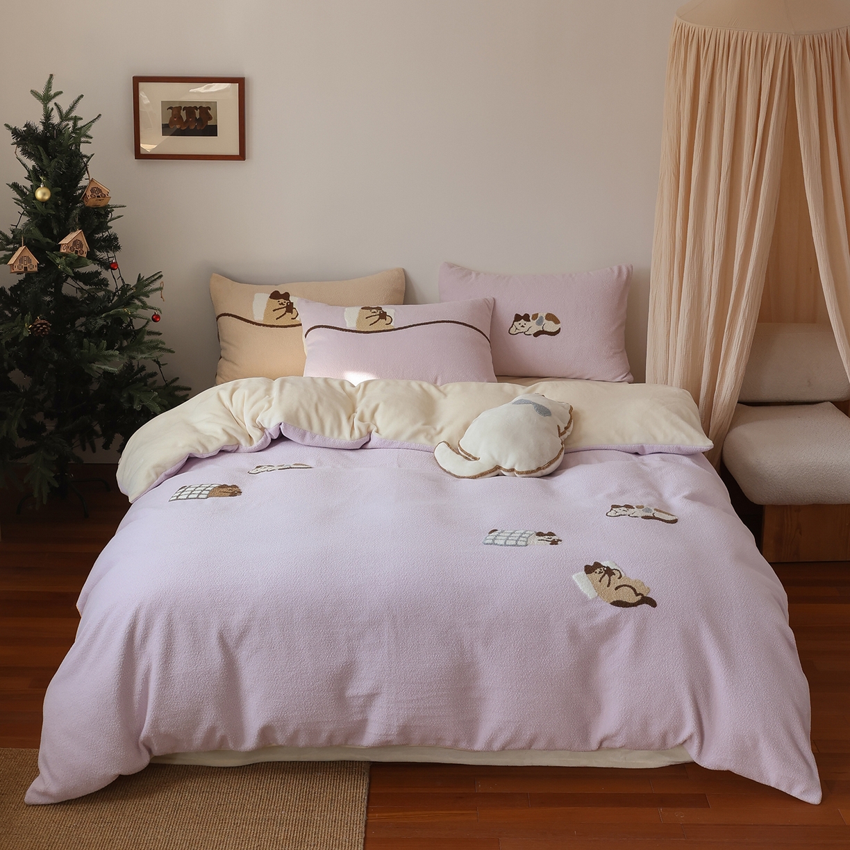 风向标家纺 2025新款A类全消光暖呢绒毛巾绣四件套-减龄家宠系列（风格二） 躺平猫-淡紫