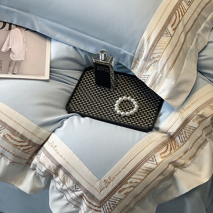 91家纺网 家纺一手货源 找家纺 丞音家纺 2025新款瑞恩超柔A类100支超细旦长绒棉磨毛刺绣四件套秋冬加厚纯棉全棉绣花床上用品 瑞恩-祖玛蓝