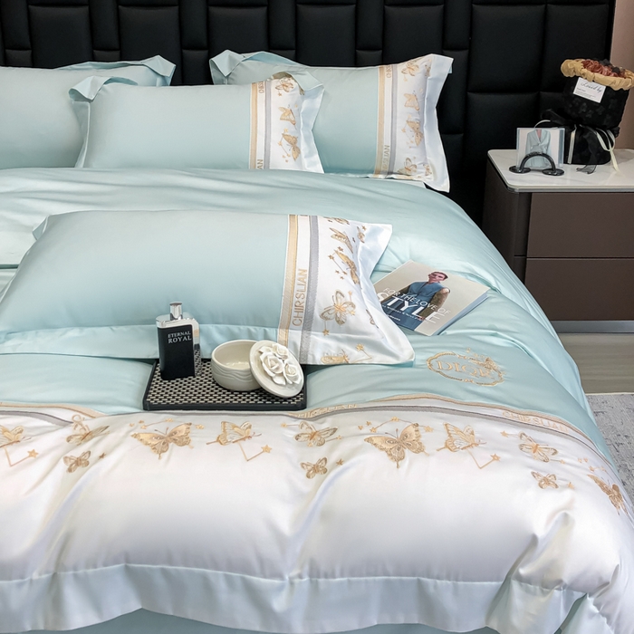 91家纺网 家纺一手货源 找家纺 丞音家纺 2025新款高档包装A类母婴级双面全棉蝴蝶刺绣纯棉长绒棉绣花四件套 梦蝶-抹茶绿