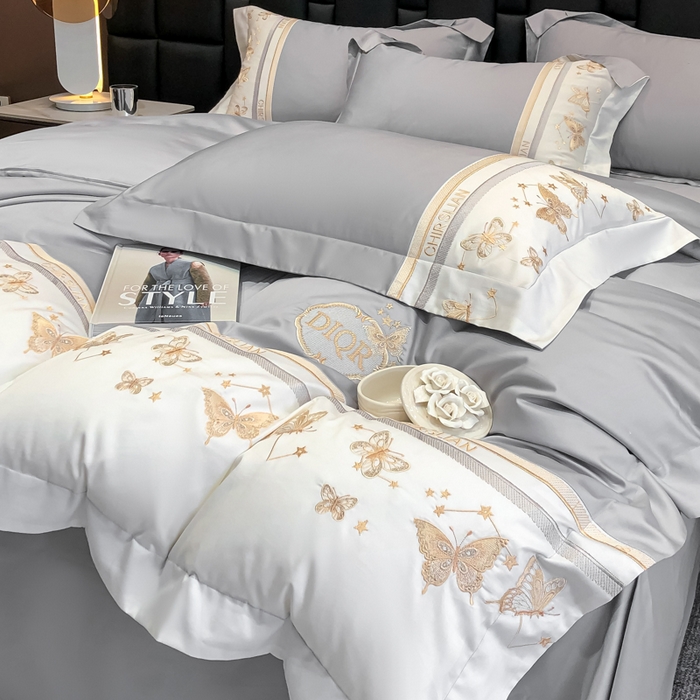 91家纺网 家纺一手货源 找家纺 丞音家纺 2025新款高档包装A类母婴级双面全棉蝴蝶刺绣纯棉长绒棉绣花四件套 梦蝶-时尚灰