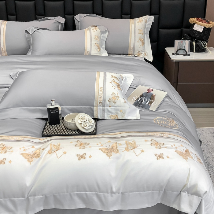 91家纺网 家纺一手货源 找家纺 丞音家纺 2025新款高档包装A类母婴级双面全棉蝴蝶刺绣纯棉长绒棉绣花四件套 梦蝶-时尚灰