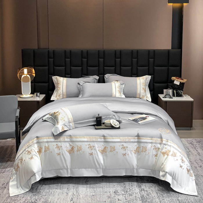 91家纺网 家纺一手货源 找家纺 丞音家纺 2025新款高档包装A类母婴级双面全棉蝴蝶刺绣纯棉长绒棉绣花四件套 梦蝶-时尚灰