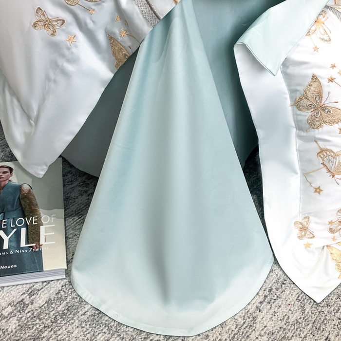 91家纺网 家纺一手货源 找家纺 丞音家纺 2025新款高档包装A类母婴级双面全棉蝴蝶刺绣纯棉长绒棉绣花四件套 梦蝶-抹茶绿