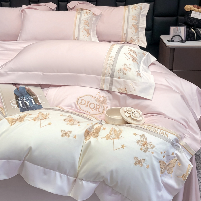 丞音家纺 2025新款高档包装A类母婴级双面全棉蝴蝶刺绣纯棉长绒棉绣花四件套 梦蝶-冰莓粉