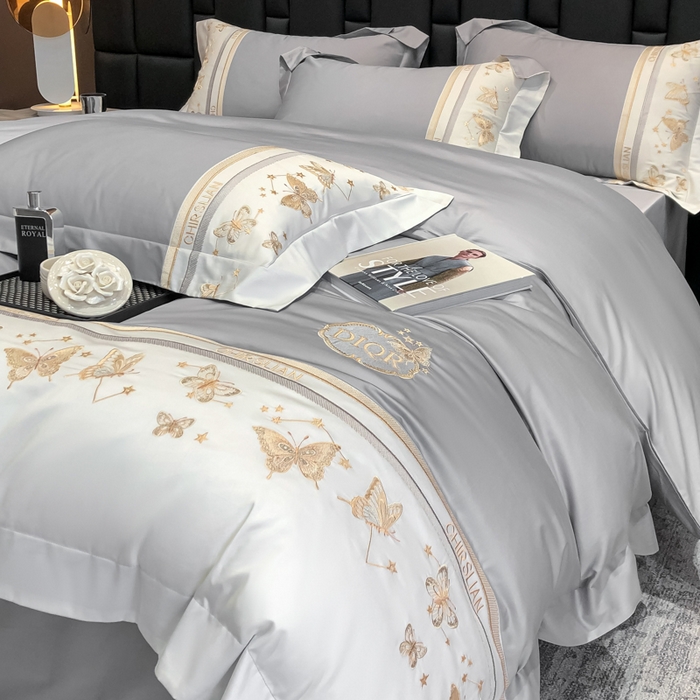 91家纺网 家纺一手货源 找家纺 丞音家纺 2025新款高档包装A类母婴级双面全棉蝴蝶刺绣纯棉长绒棉绣花四件套 梦蝶-时尚灰