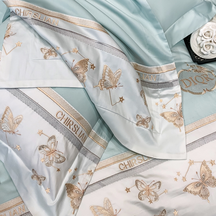 91家纺网 家纺一手货源 找家纺 丞音家纺 2025新款高档包装A类母婴级双面全棉蝴蝶刺绣纯棉长绒棉绣花四件套 梦蝶-抹茶绿