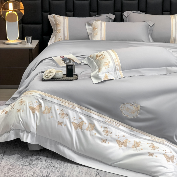 91家纺网 家纺一手货源 找家纺 丞音家纺 2025新款高档包装A类母婴级双面全棉蝴蝶刺绣纯棉长绒棉绣花四件套 梦蝶-时尚灰