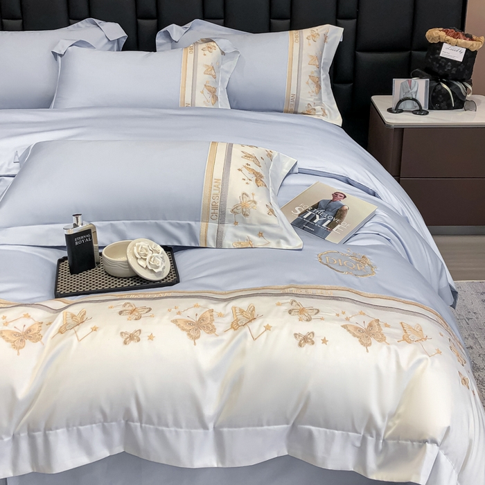 91家纺网 家纺一手货源 找家纺 丞音家纺 2025新款高档包装A类母婴级双面全棉蝴蝶刺绣纯棉长绒棉绣花四件套 梦蝶-雾霾蓝