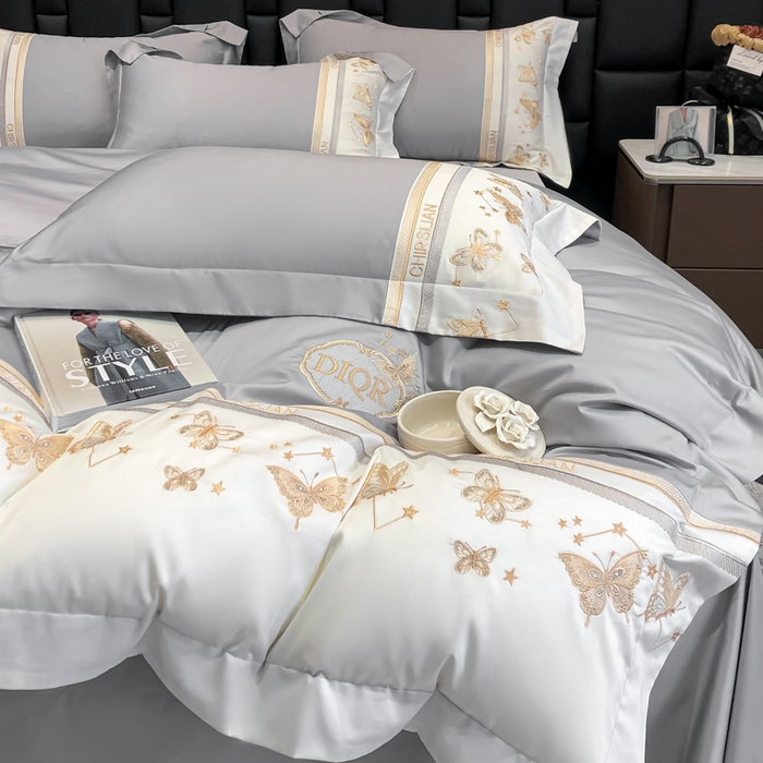丞音家纺 2025新款高档包装A类母婴级双面全棉蝴蝶刺绣纯棉长绒棉绣花四件套 梦蝶-时尚灰