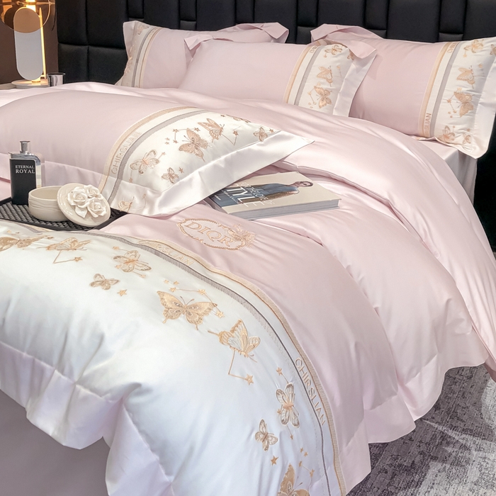 91家纺网 家纺一手货源 找家纺 丞音家纺 2025新款高档包装A类母婴级双面全棉蝴蝶刺绣纯棉长绒棉绣花四件套 梦蝶-冰莓粉