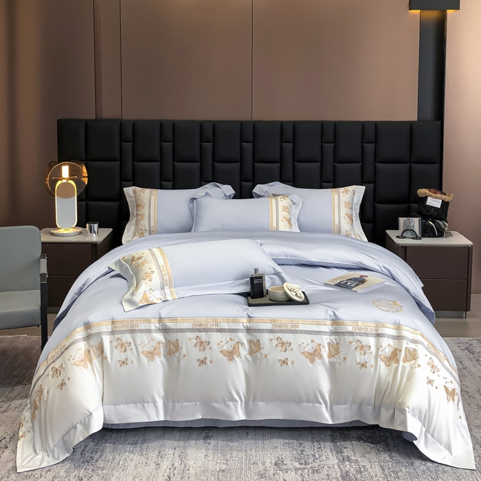 91家纺网 家纺一手货源 找家纺 丞音家纺 2025新款高档包装A类母婴级双面全棉蝴蝶刺绣纯棉长绒棉绣花四件套 梦蝶-雾霾蓝