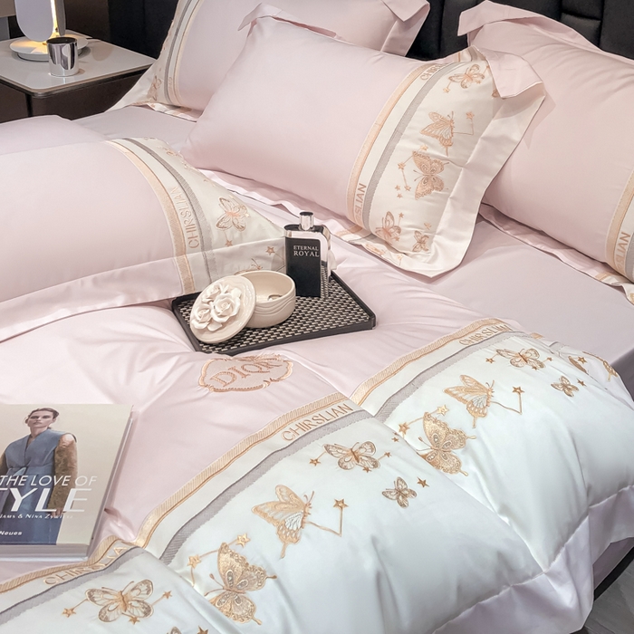 91家纺网 家纺一手货源 找家纺 丞音家纺 2025新款高档包装A类母婴级双面全棉蝴蝶刺绣纯棉长绒棉绣花四件套 梦蝶-冰莓粉