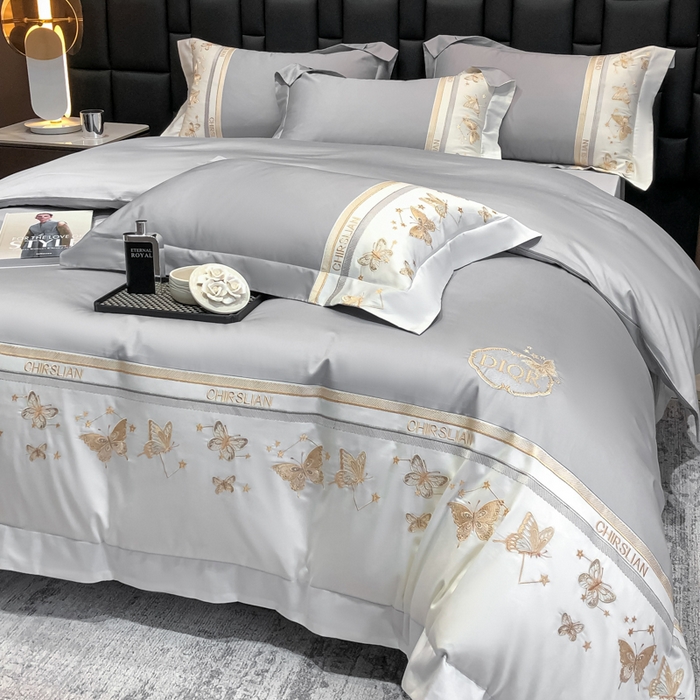 91家纺网 家纺一手货源 找家纺 丞音家纺 2025新款高档包装A类母婴级双面全棉蝴蝶刺绣纯棉长绒棉绣花四件套 梦蝶-时尚灰