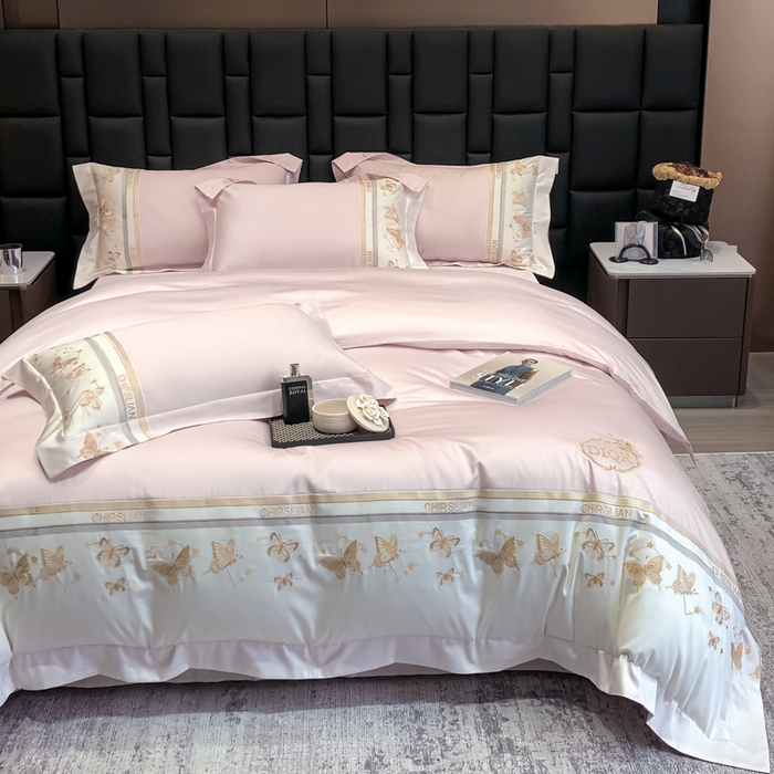 91家纺网 家纺一手货源 找家纺 丞音家纺 2025新款高档包装A类母婴级双面全棉蝴蝶刺绣纯棉长绒棉绣花四件套 梦蝶-冰莓粉