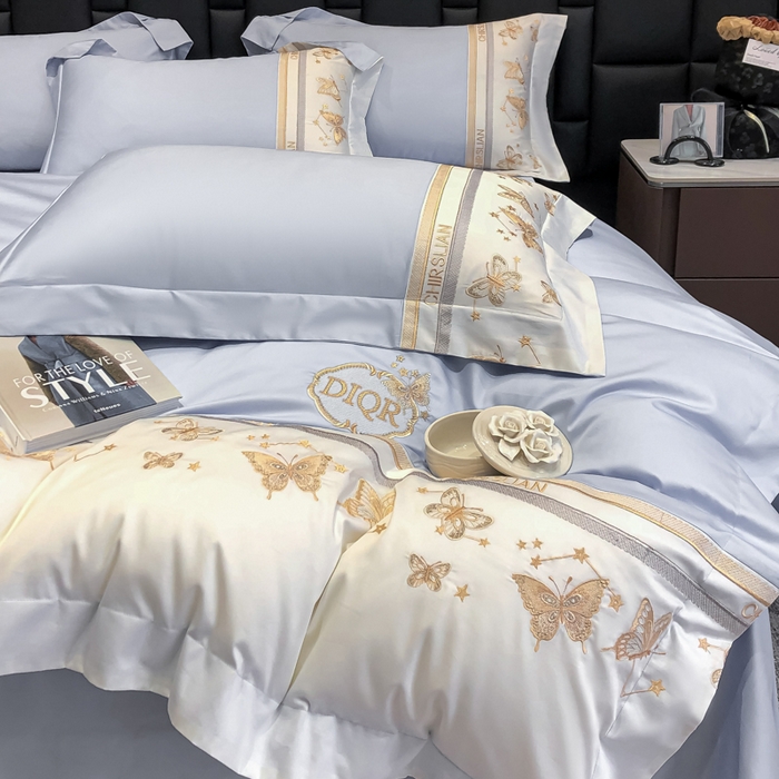 丞音家纺 2025新款高档包装A类母婴级双面全棉蝴蝶刺绣纯棉长绒棉绣花四件套 梦蝶-雾霾蓝