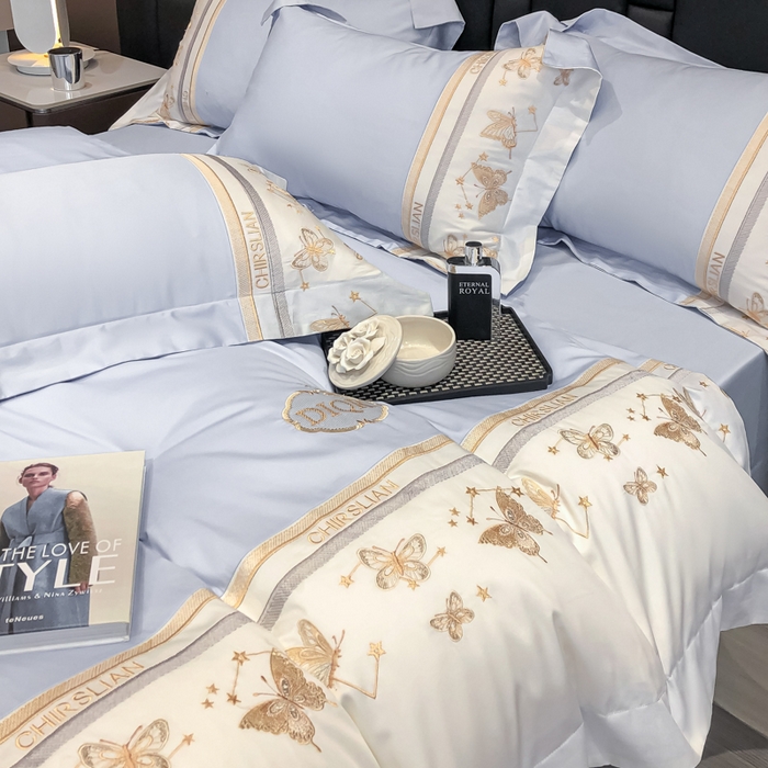 91家纺网 家纺一手货源 找家纺 丞音家纺 2025新款高档包装A类母婴级双面全棉蝴蝶刺绣纯棉长绒棉绣花四件套 梦蝶-雾霾蓝