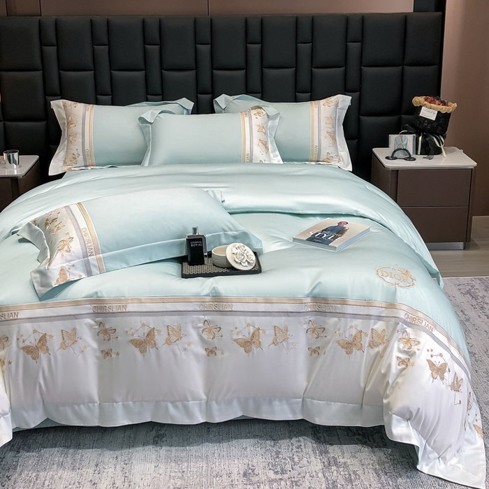 91家纺网 家纺一手货源 找家纺 丞音家纺 2025新款高档包装A类母婴级双面全棉蝴蝶刺绣纯棉长绒棉绣花四件套 梦蝶-抹茶绿