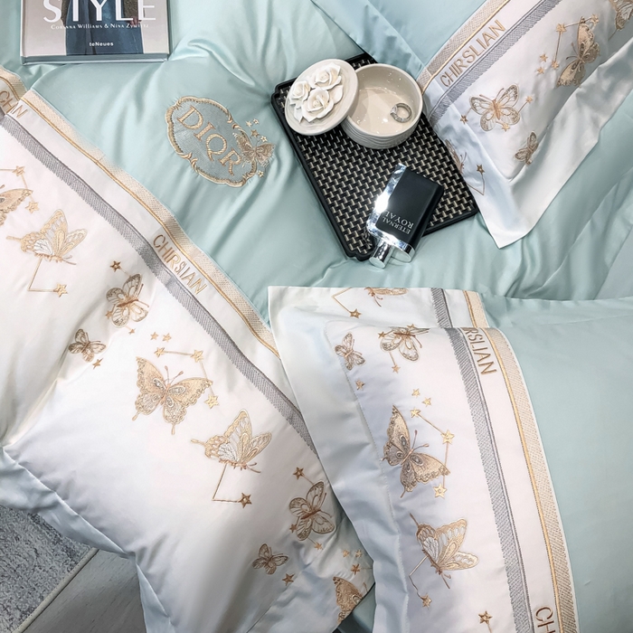 91家纺网 家纺一手货源 找家纺 丞音家纺 2025新款高档包装A类母婴级双面全棉蝴蝶刺绣纯棉长绒棉绣花四件套 梦蝶-抹茶绿