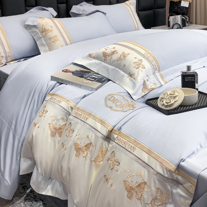 91家纺网 家纺一手货源 找家纺 丞音家纺 2025新款高档包装A类母婴级双面全棉蝴蝶刺绣纯棉长绒棉绣花四件套 梦蝶-雾霾蓝