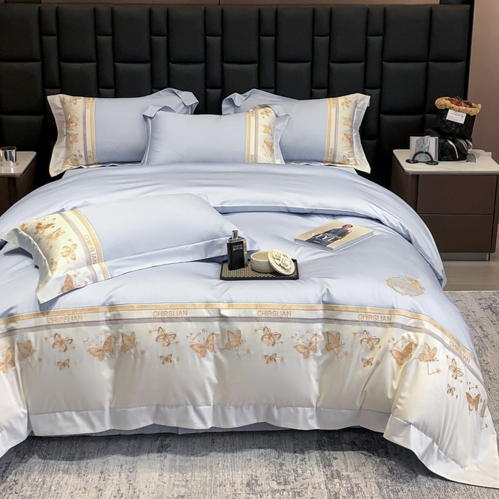 91家纺网 家纺一手货源 找家纺 丞音家纺 2025新款高档包装A类母婴级双面全棉蝴蝶刺绣纯棉长绒棉绣花四件套 梦蝶-雾霾蓝