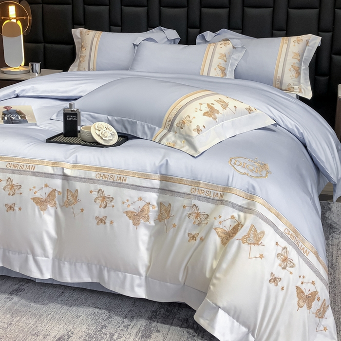 91家纺网 家纺一手货源 找家纺 丞音家纺 2025新款高档包装A类母婴级双面全棉蝴蝶刺绣纯棉长绒棉绣花四件套 梦蝶-雾霾蓝