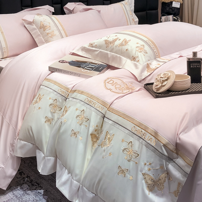 91家纺网 家纺一手货源 找家纺 丞音家纺 2025新款高档包装A类母婴级双面全棉蝴蝶刺绣纯棉长绒棉绣花四件套 梦蝶-冰莓粉