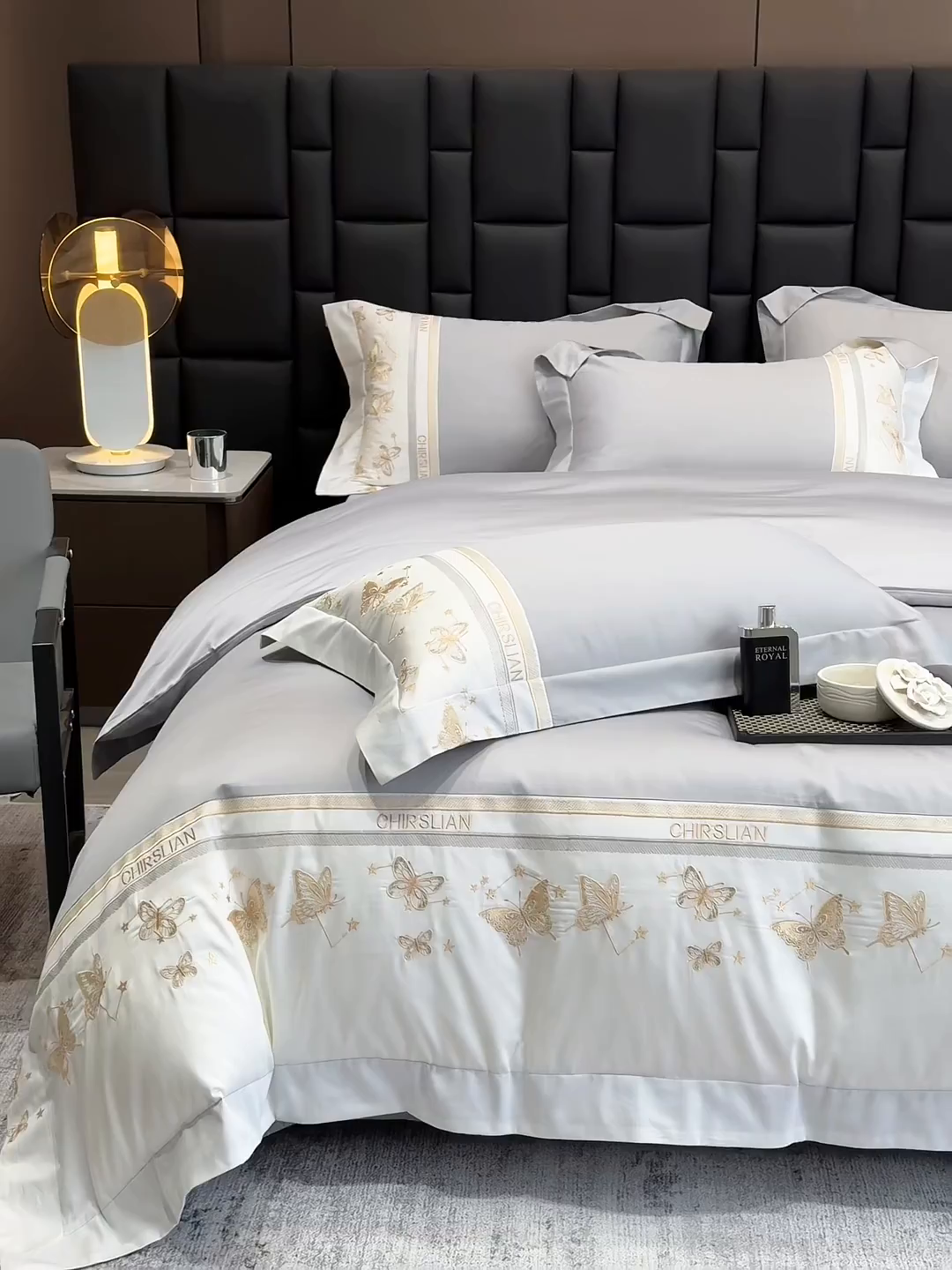 91家纺网 家纺一手货源 找家纺 丞音家纺 2025新款高档包装A类母婴级双面全棉蝴蝶刺绣纯棉长绒棉绣花四件套 梦蝶-时尚灰