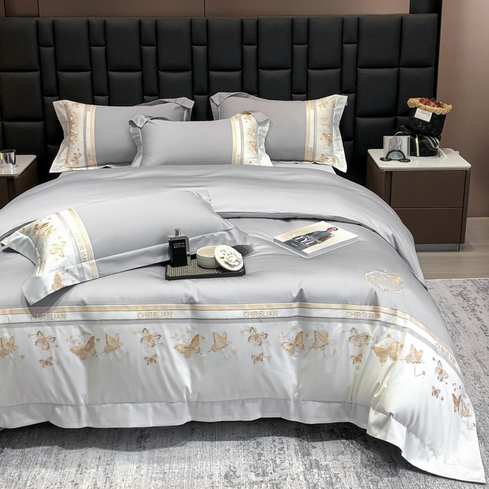 91家纺网 家纺一手货源 找家纺 丞音家纺 2025新款高档包装A类母婴级双面全棉蝴蝶刺绣纯棉长绒棉绣花四件套 梦蝶-时尚灰