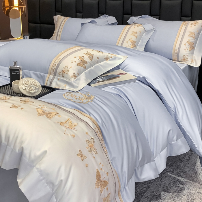 91家纺网 家纺一手货源 找家纺 丞音家纺 2025新款高档包装A类母婴级双面全棉蝴蝶刺绣纯棉长绒棉绣花四件套 梦蝶-雾霾蓝