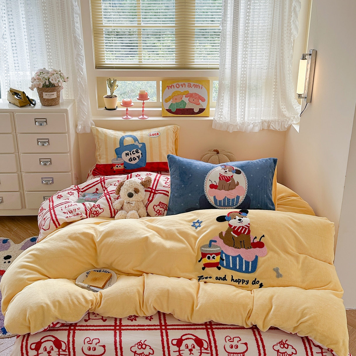 91家纺网 家纺一手货源 找家纺 （总）柚子YOUTH 2025新款加厚牛奶绒卡通毛巾绣四件套-印加绣送同款毛毯