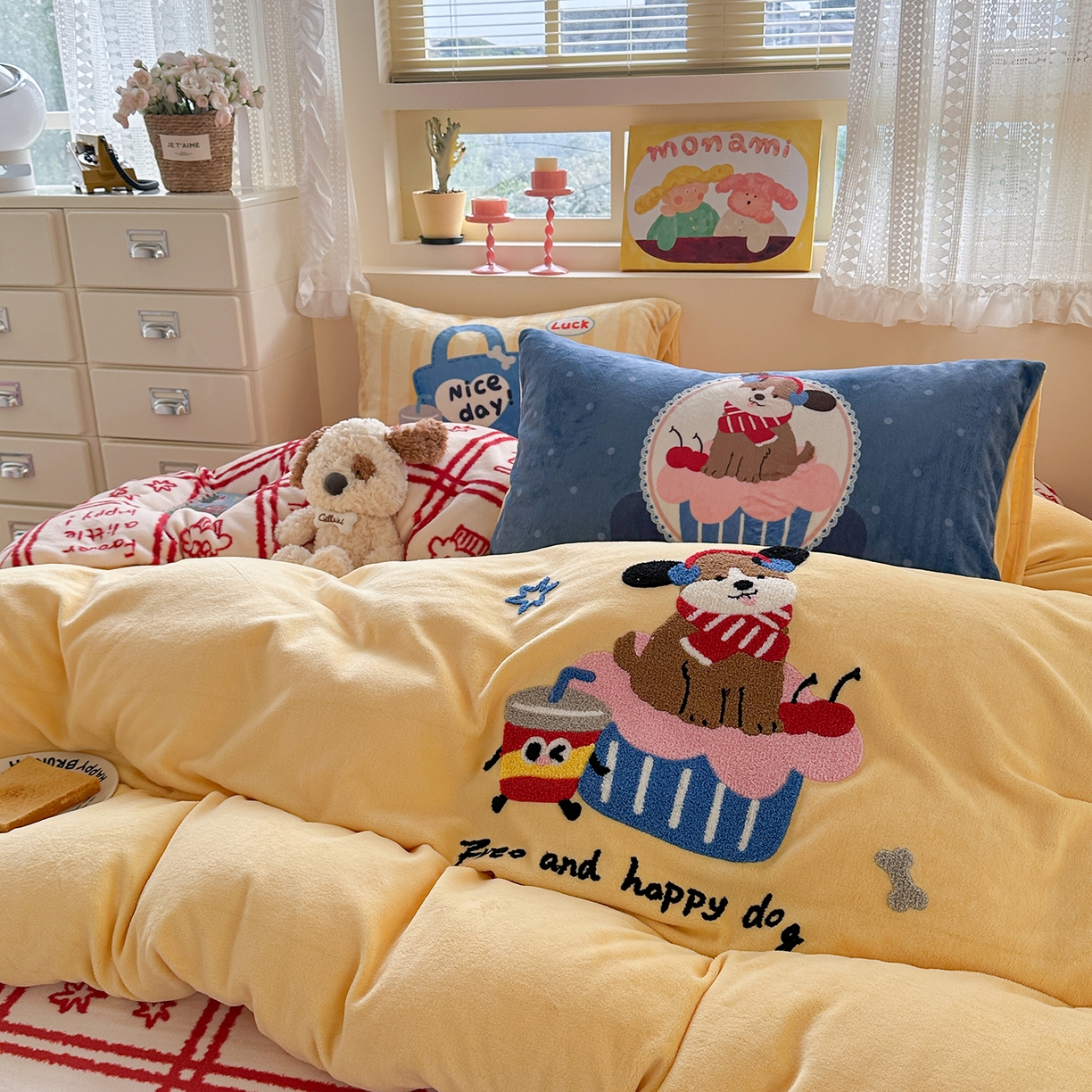 91家纺网 家纺一手货源 找家纺 （总）柚子YOUTH 2025新款加厚牛奶绒卡通毛巾绣四件套-印加绣送同款毛毯