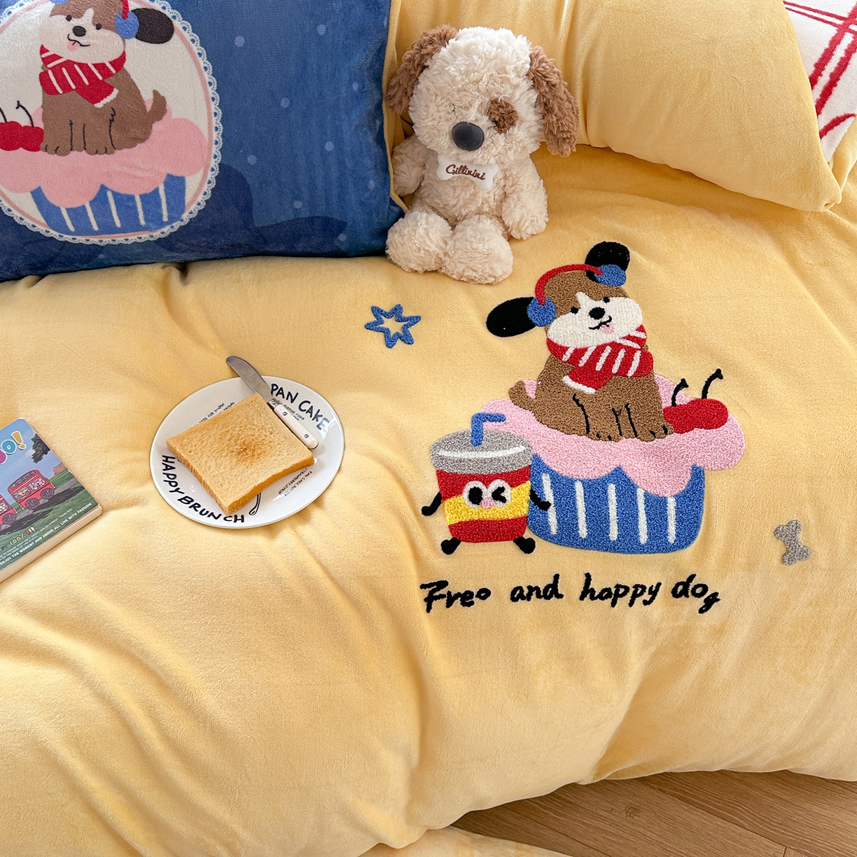 91家纺网 家纺一手货源 找家纺 （总）柚子YOUTH 2025新款加厚牛奶绒卡通毛巾绣四件套-印加绣送同款毛毯