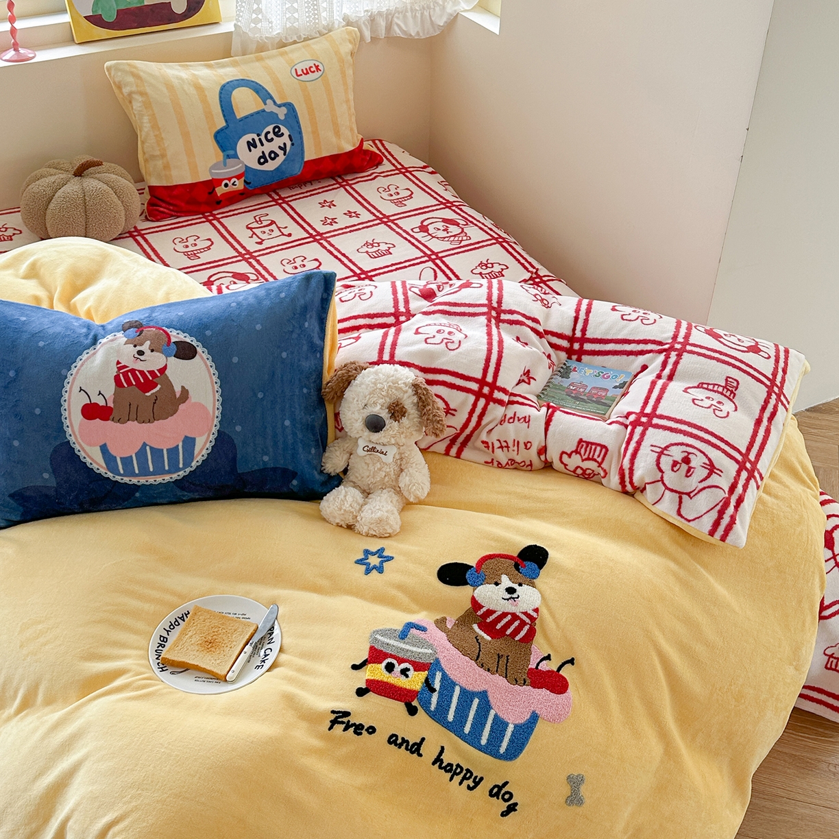 91家纺网 家纺一手货源 找家纺 （总）柚子YOUTH 2025新款加厚牛奶绒卡通毛巾绣四件套-印加绣送同款毛毯