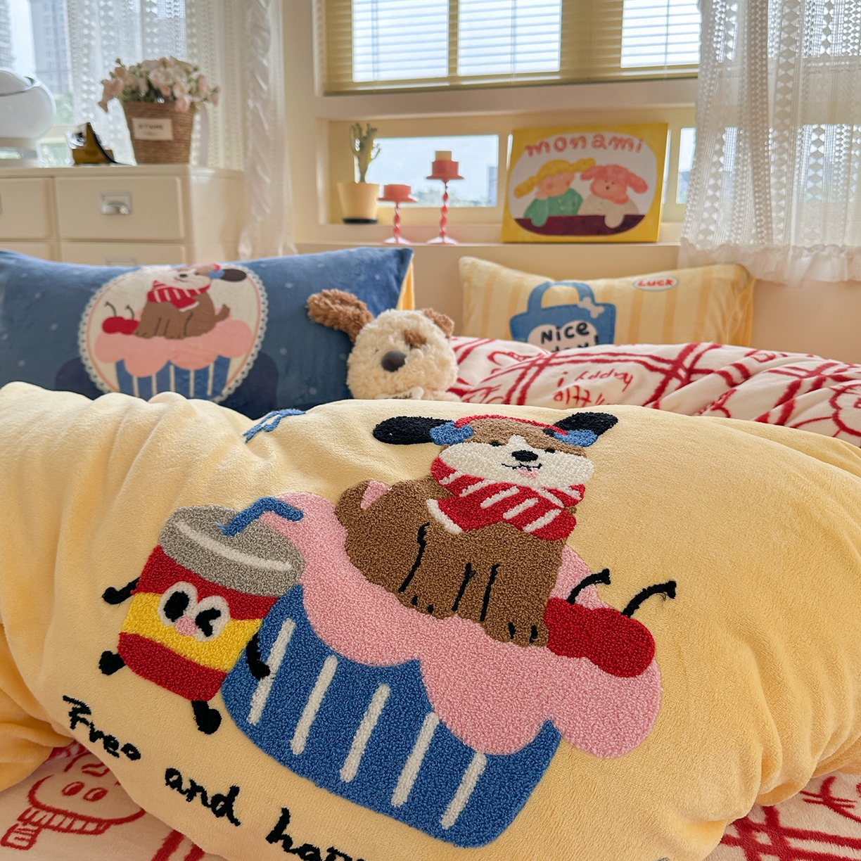 91家纺网 家纺一手货源 找家纺 （总）柚子YOUTH 2025新款加厚牛奶绒卡通毛巾绣四件套-印加绣送同款毛毯