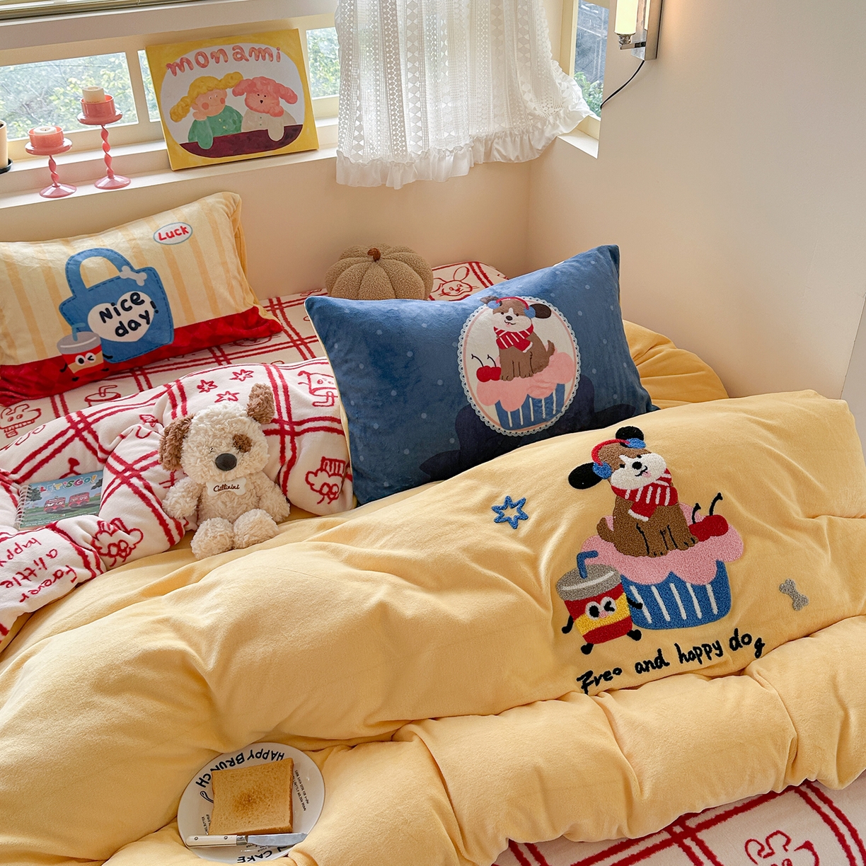 91家纺网 家纺一手货源 找家纺 （总）柚子YOUTH 2025新款加厚牛奶绒卡通毛巾绣四件套-印加绣送同款毛毯