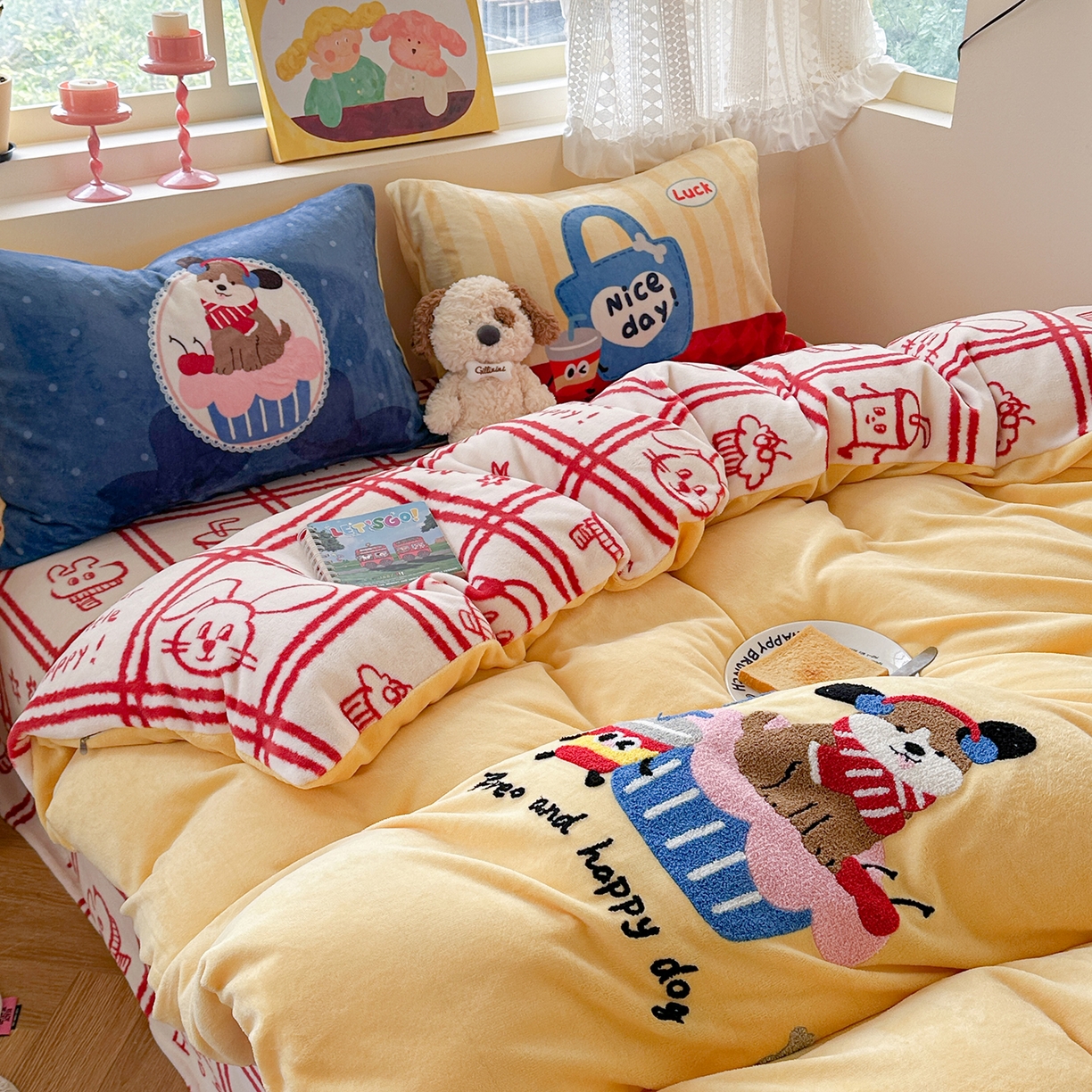 91家纺网 家纺一手货源 找家纺 （总）柚子YOUTH 2025新款加厚牛奶绒卡通毛巾绣四件套-印加绣送同款毛毯